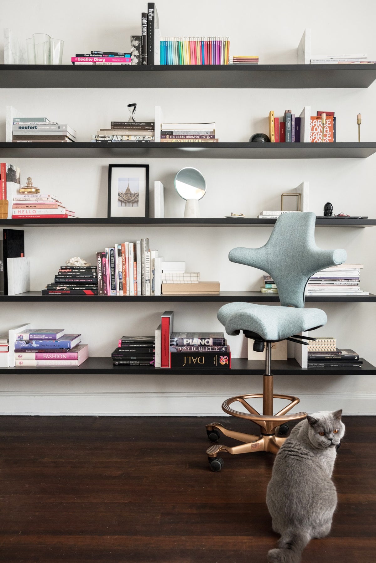 Lichtblauwe HÅG Capisco in een interieur met boekenplanken